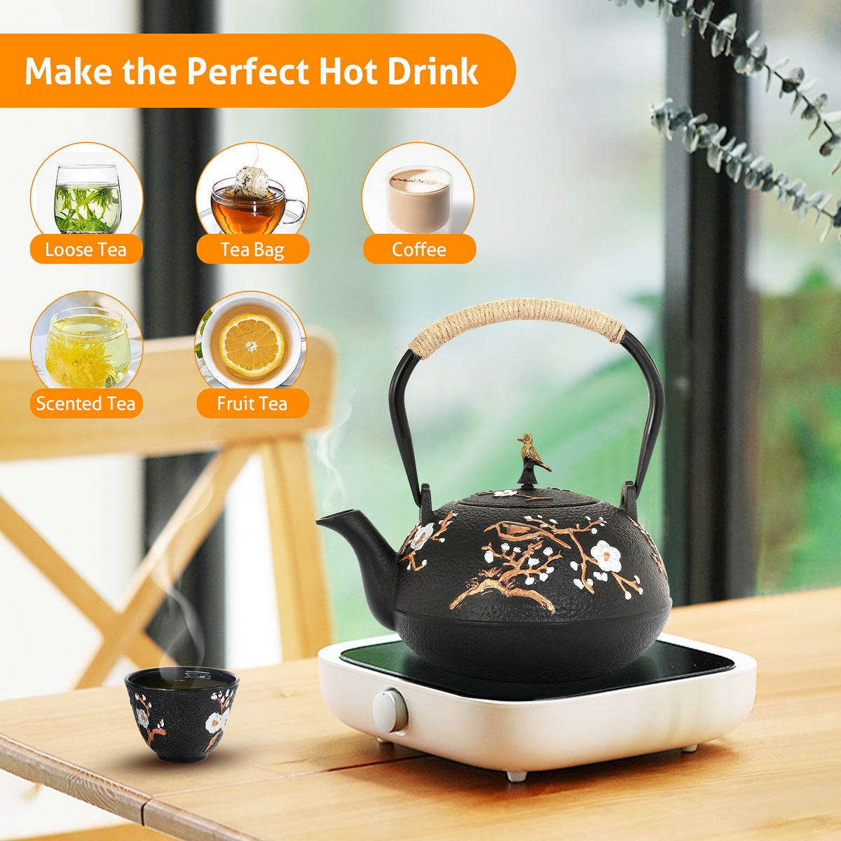 Cast Iron Tea Kettle for Stovetop - Japanese Tea Set with Warmer, Trivet,  Infuser and 4 Teacups, Hobnail Design (40 oz, Black, 6 Pieces) 