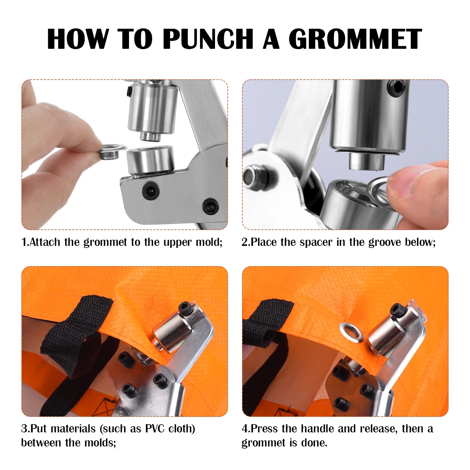  DSM Handheld Hand Press Portable Grommet Machine Hole Punch  Tool w/ 500 Silver Grommets Grommets Hand Eyelet Press Hole Punch Tool for  Vinyl Banner Sign Piler (Die Set Cannot Be Changed!) 