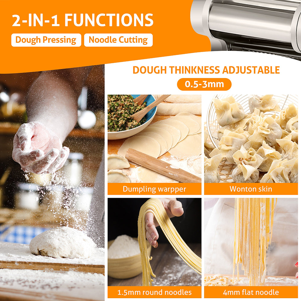 Electric Pasta Maker, 1.5mm Round Noodle + 4mm Flat Noodle Maker Pasta  Making Machine Dough Roller Cutter, 8 Adjustable Thickness Stainless Steel  for